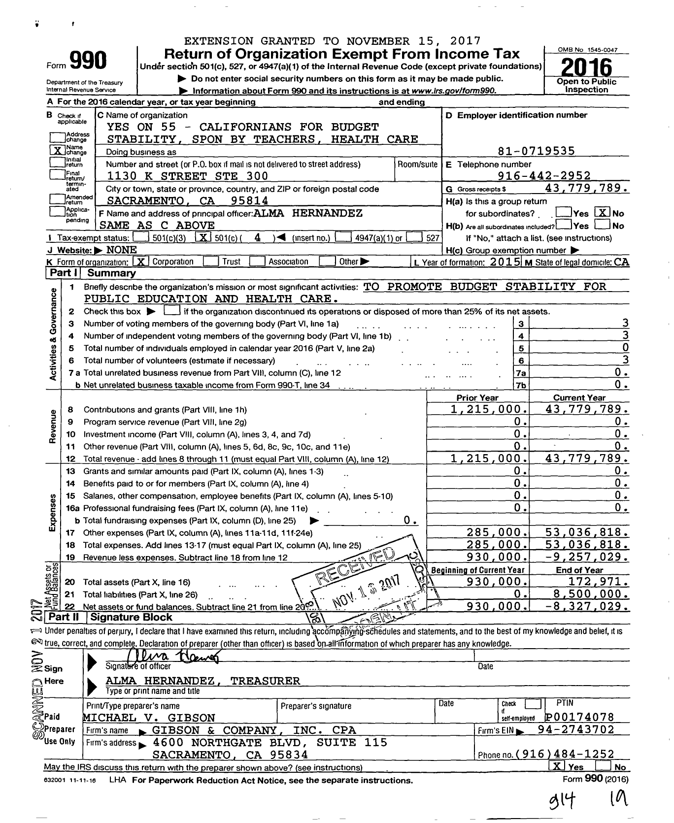 Image of first page of 2016 Form 990O for Yes on 55 - Californians for Budget Stability