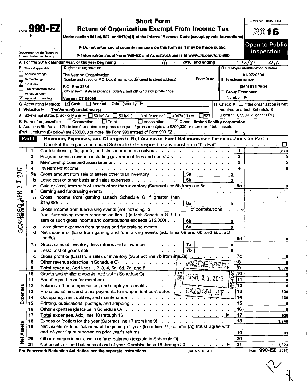 Image of first page of 2016 Form 990EO for Vernon Foundation