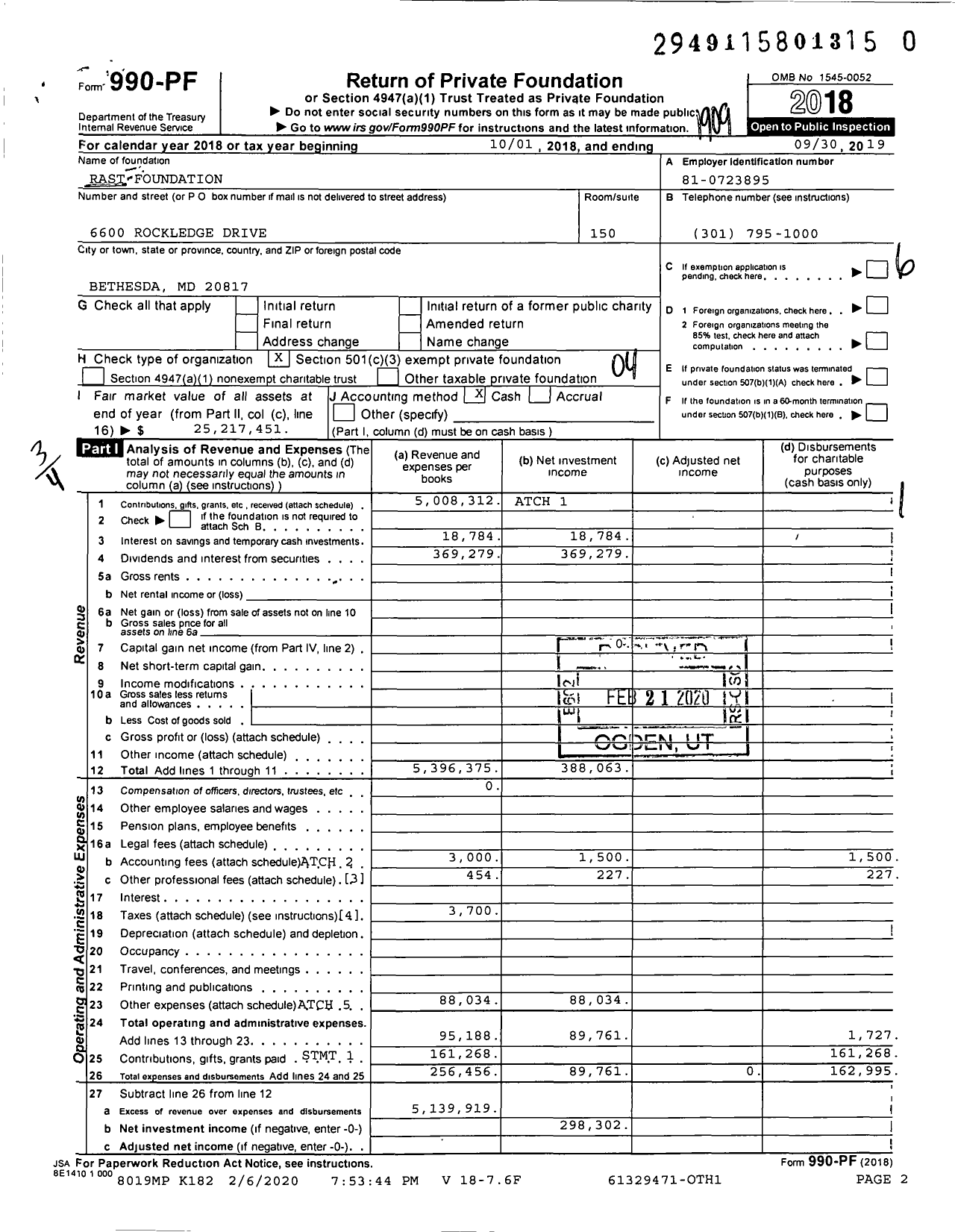Image of first page of 2018 Form 990PR for RAST Foundation