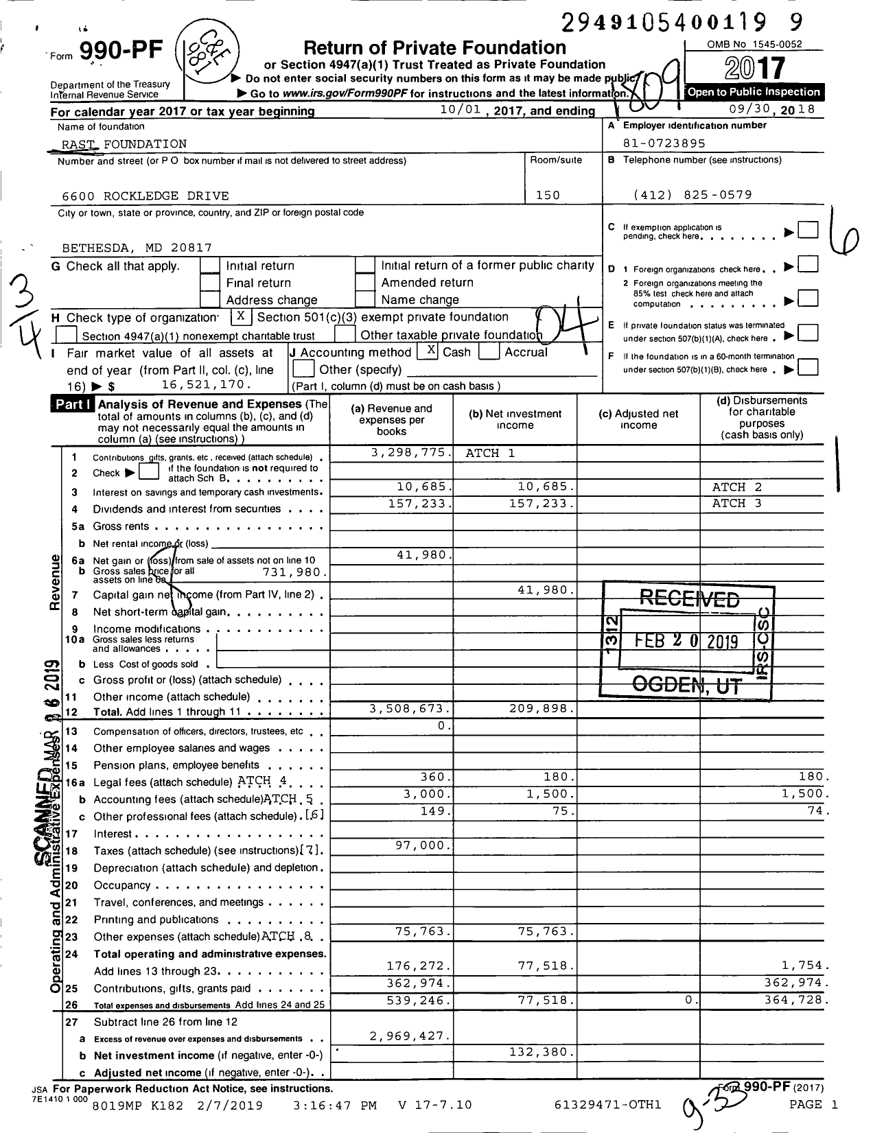Image of first page of 2017 Form 990PF for RAST Foundation