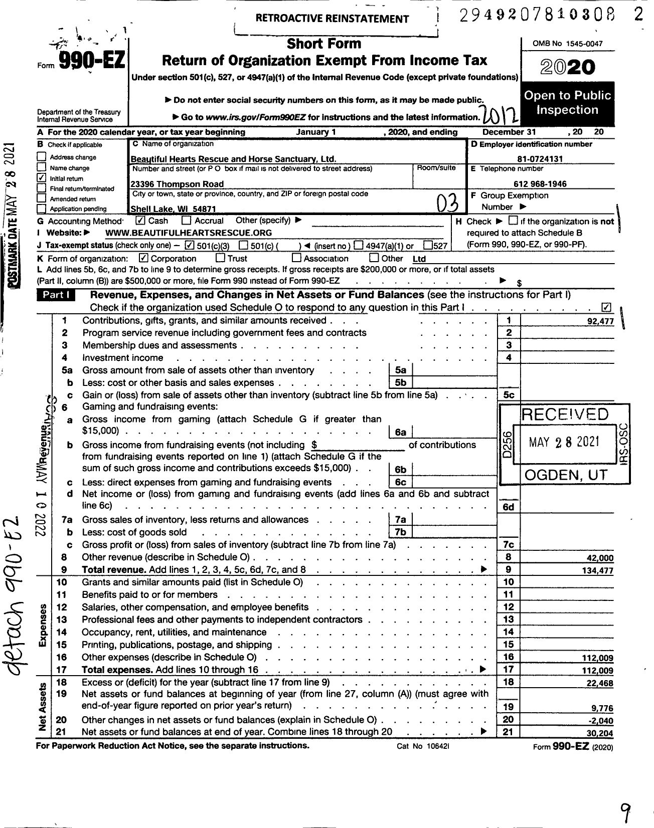 Image of first page of 2020 Form 990EZ for Beautiful Hearts Rescue and Horse Sanctuary