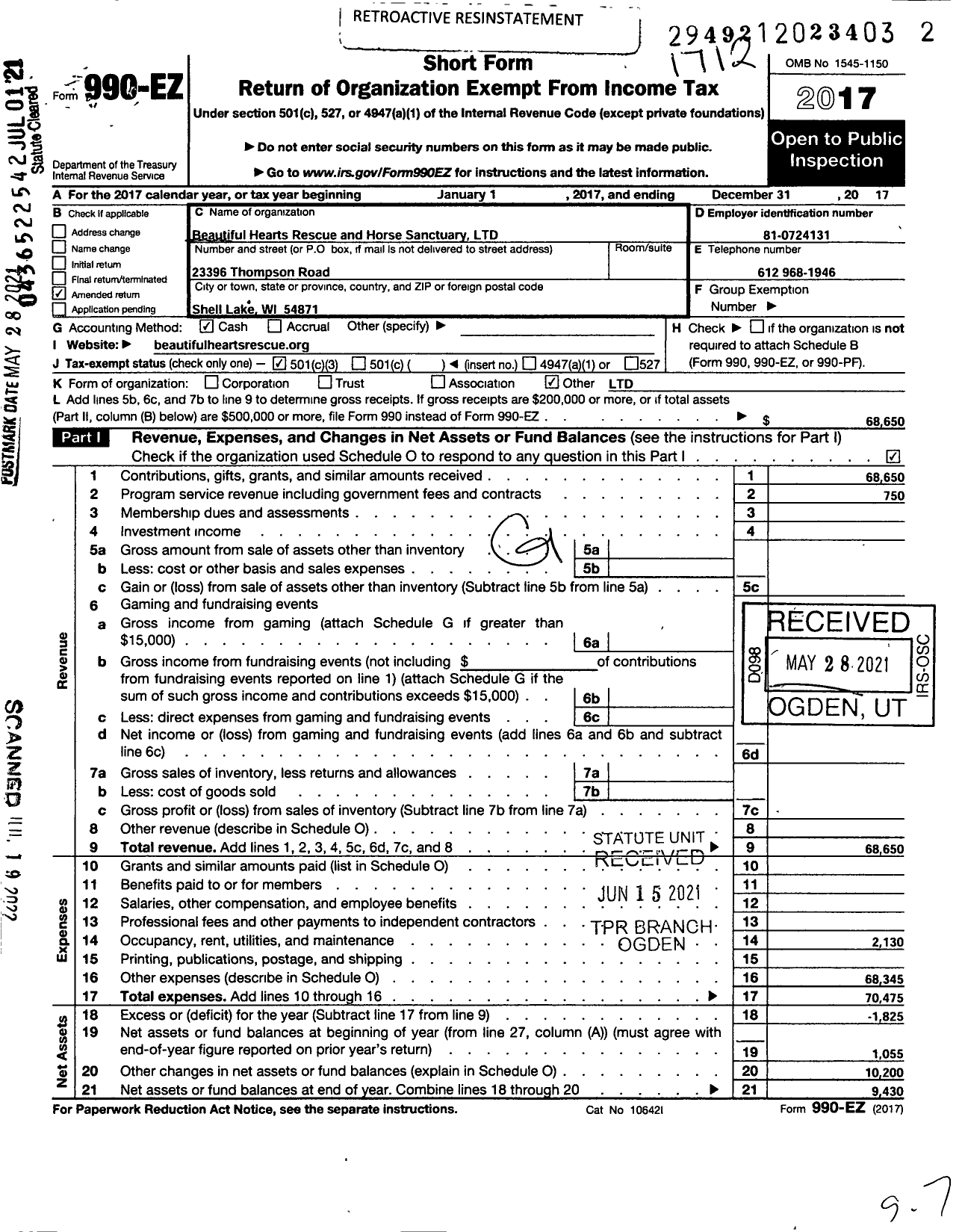 Image of first page of 2017 Form 990EZ for Beautiful Hearts Rescue and Horse Sanctuary