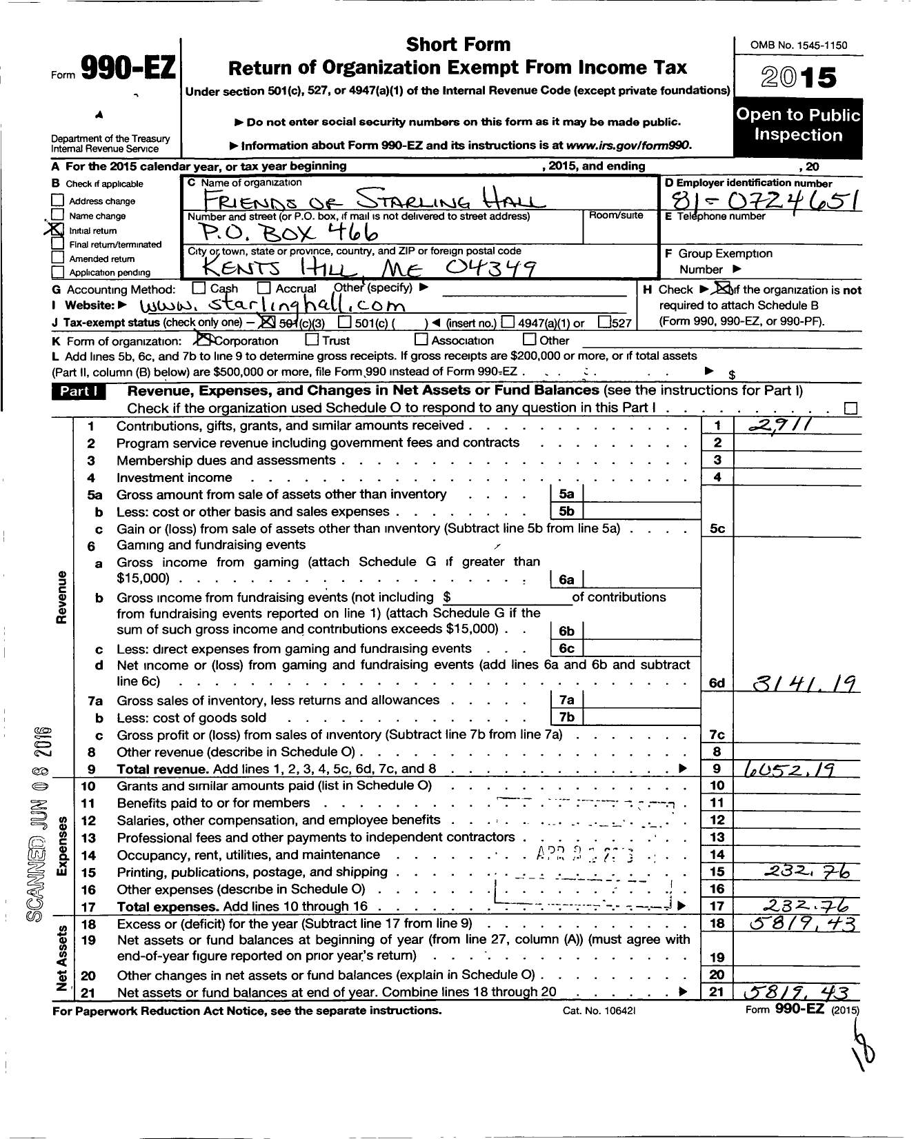 Image of first page of 2015 Form 990EZ for Friends of Starling Hall