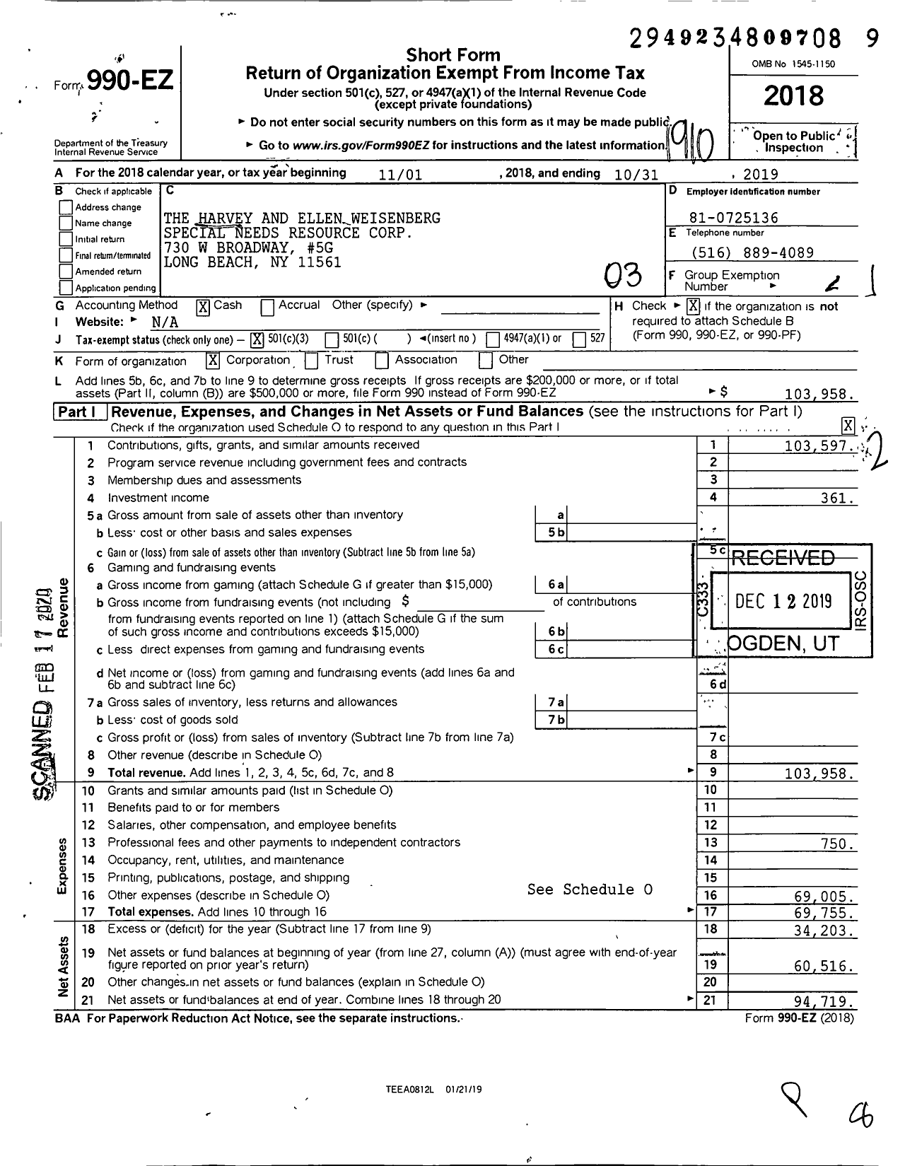 Image of first page of 2018 Form 990EZ for The Harvey and Ellen Weisenberg Special Needs Resource Corporation