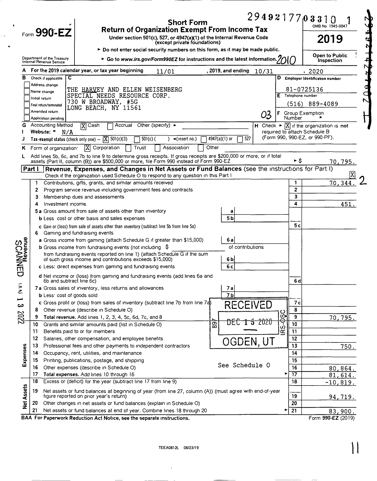 Image of first page of 2019 Form 990EZ for The Harvey and Ellen Weisenberg Special Needs Resource Corporation