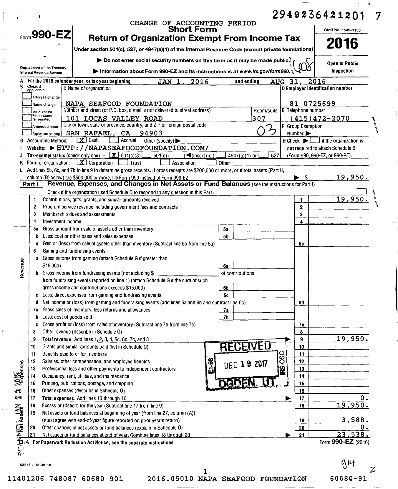 Image of first page of 2015 Form 990EZ for Napa Seafood Foundation