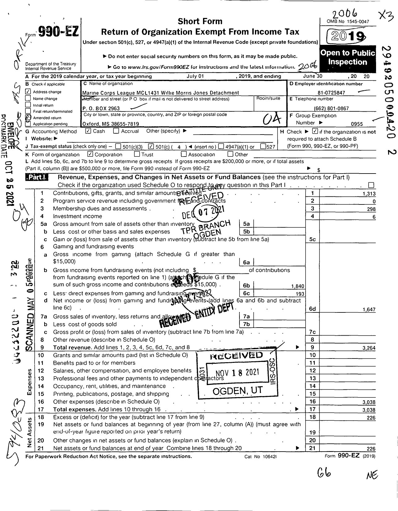 Image of first page of 2019 Form 990EO for Marine Corps League - 1431 MCL Willie Morris Jones Detach
