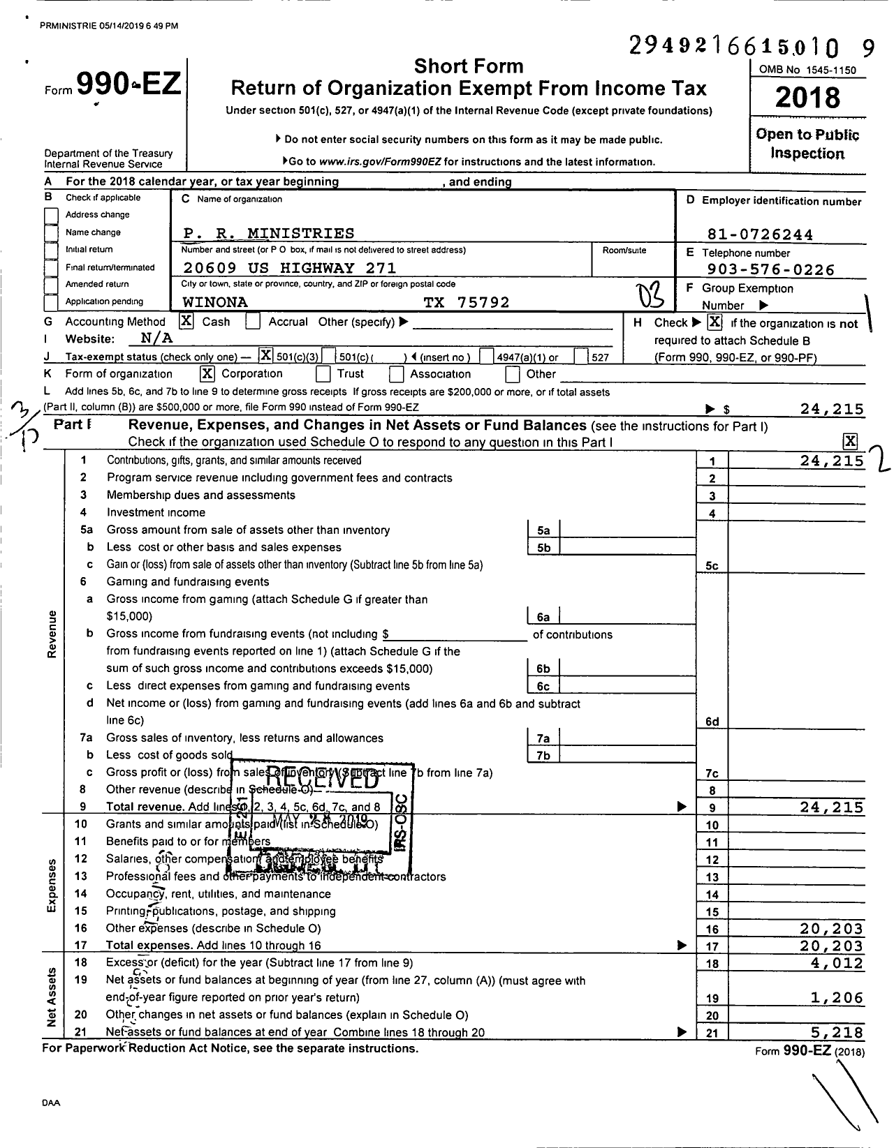 Image of first page of 2018 Form 990EZ for P R Ministeries