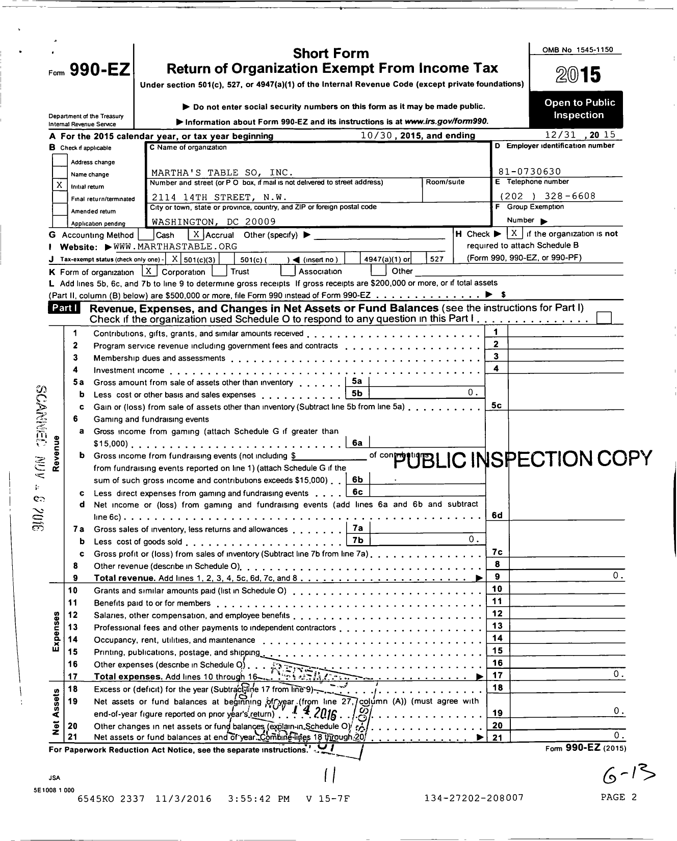 Image of first page of 2015 Form 990EZ for Martha's Table SO