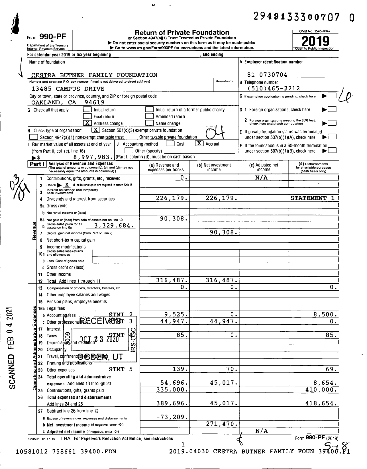 Image of first page of 2019 Form 990PF for Cestra Butner Family Foundation