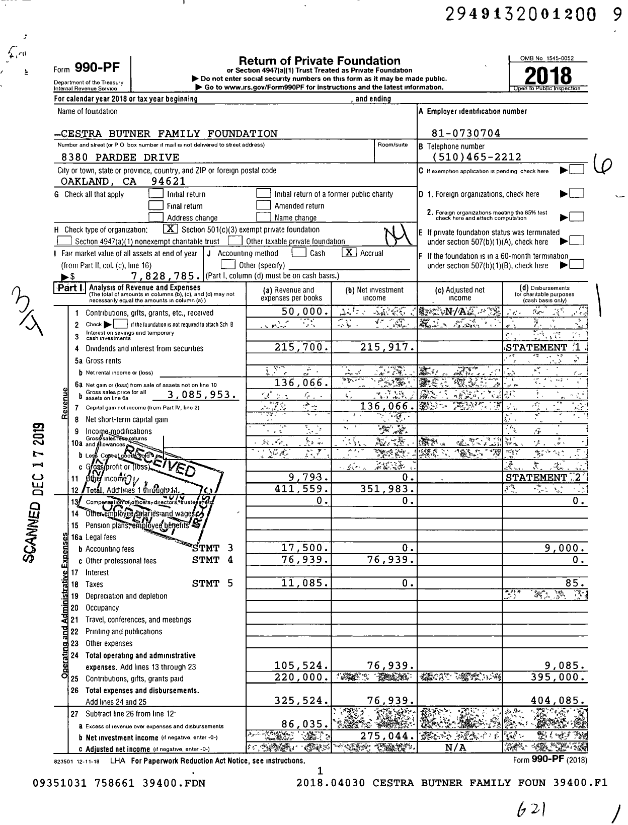 Image of first page of 2018 Form 990PF for Cestra Butner Family Foundation