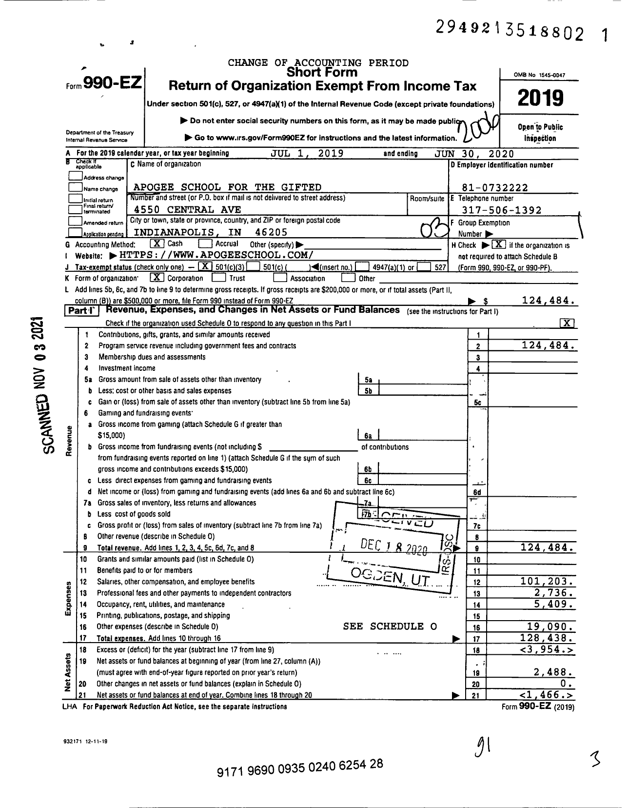 Image of first page of 2019 Form 990EZ for Apogee School for the Gifted