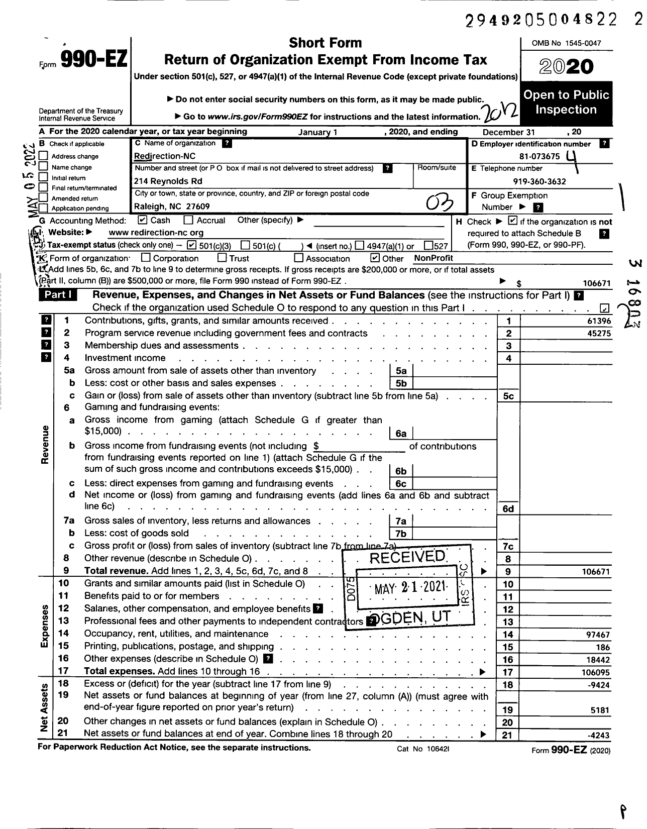 Image of first page of 2020 Form 990EZ for Redirection-NC