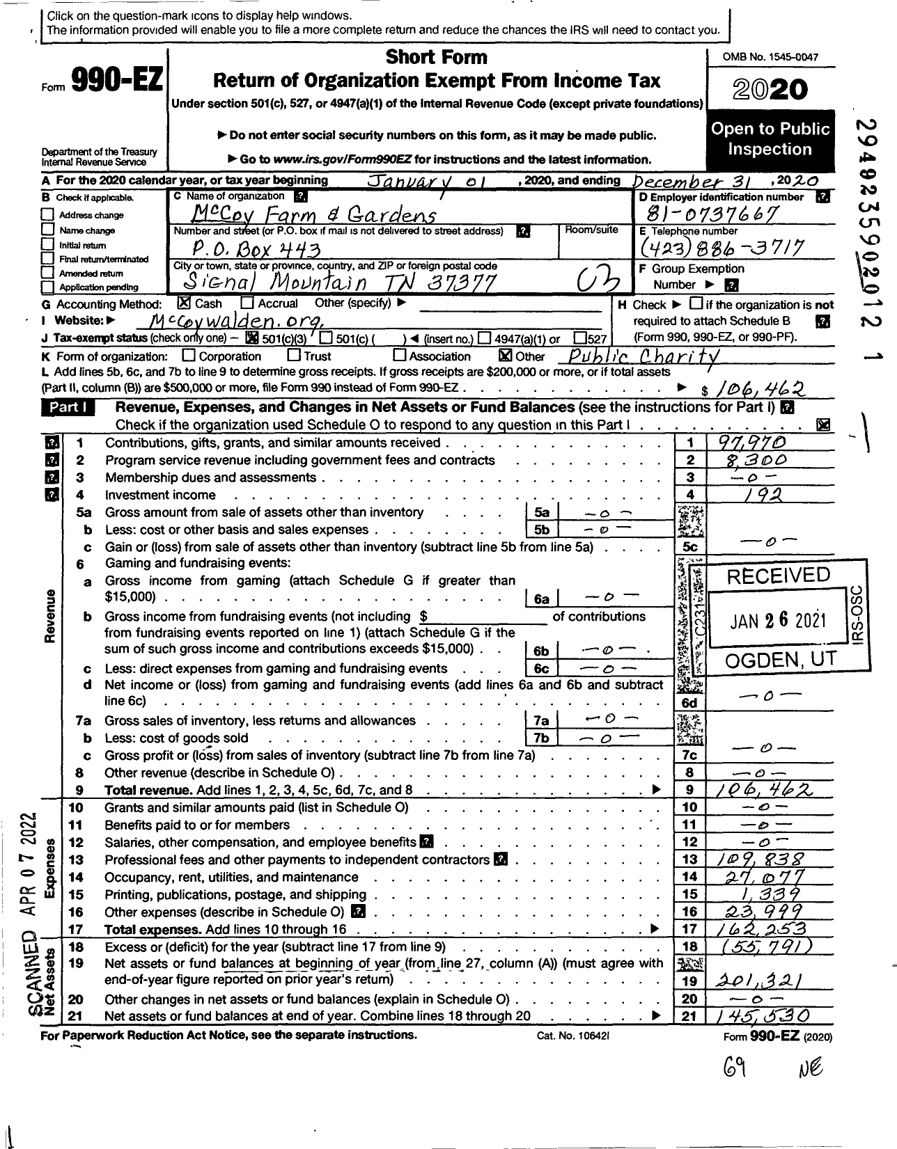 Image of first page of 2020 Form 990EZ for Mccoy Farm and Gardens