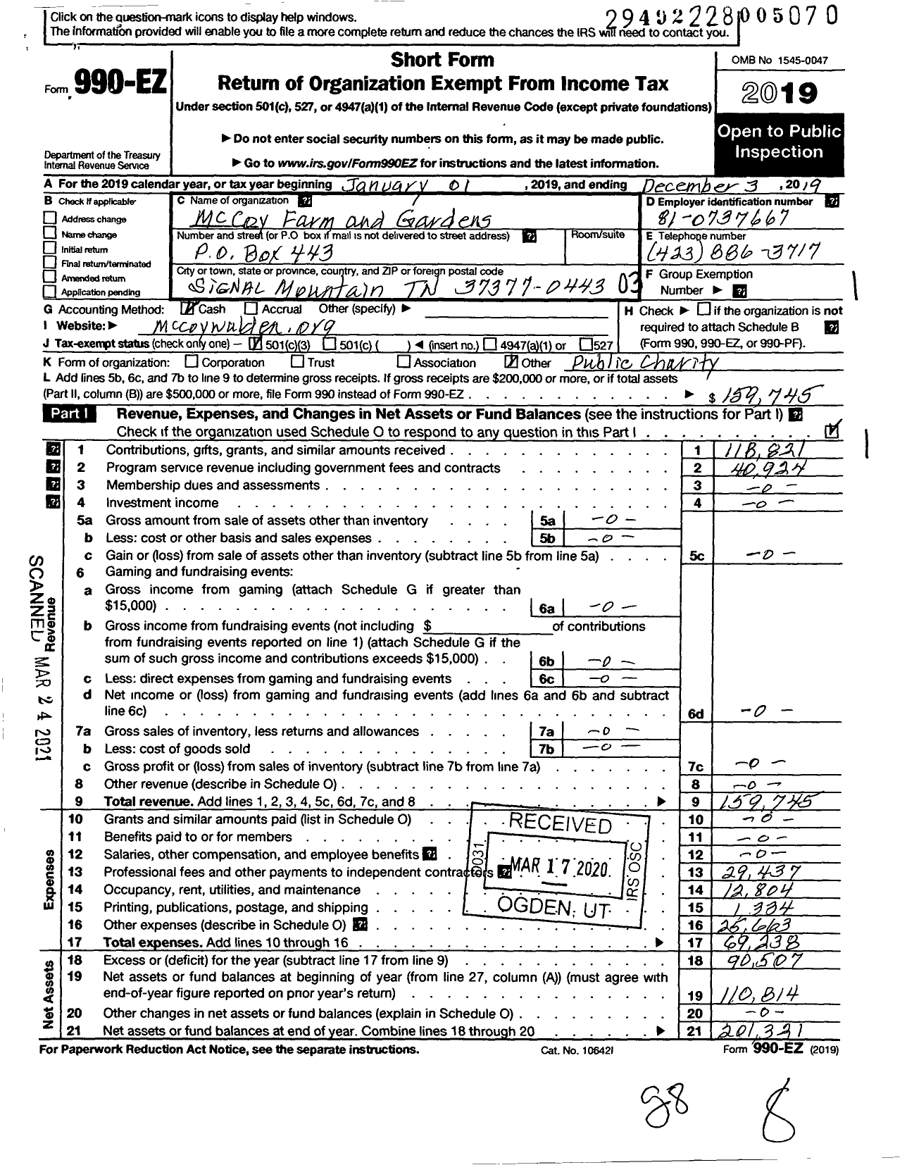 Image of first page of 2019 Form 990EZ for Mccoy Farm and Gardens