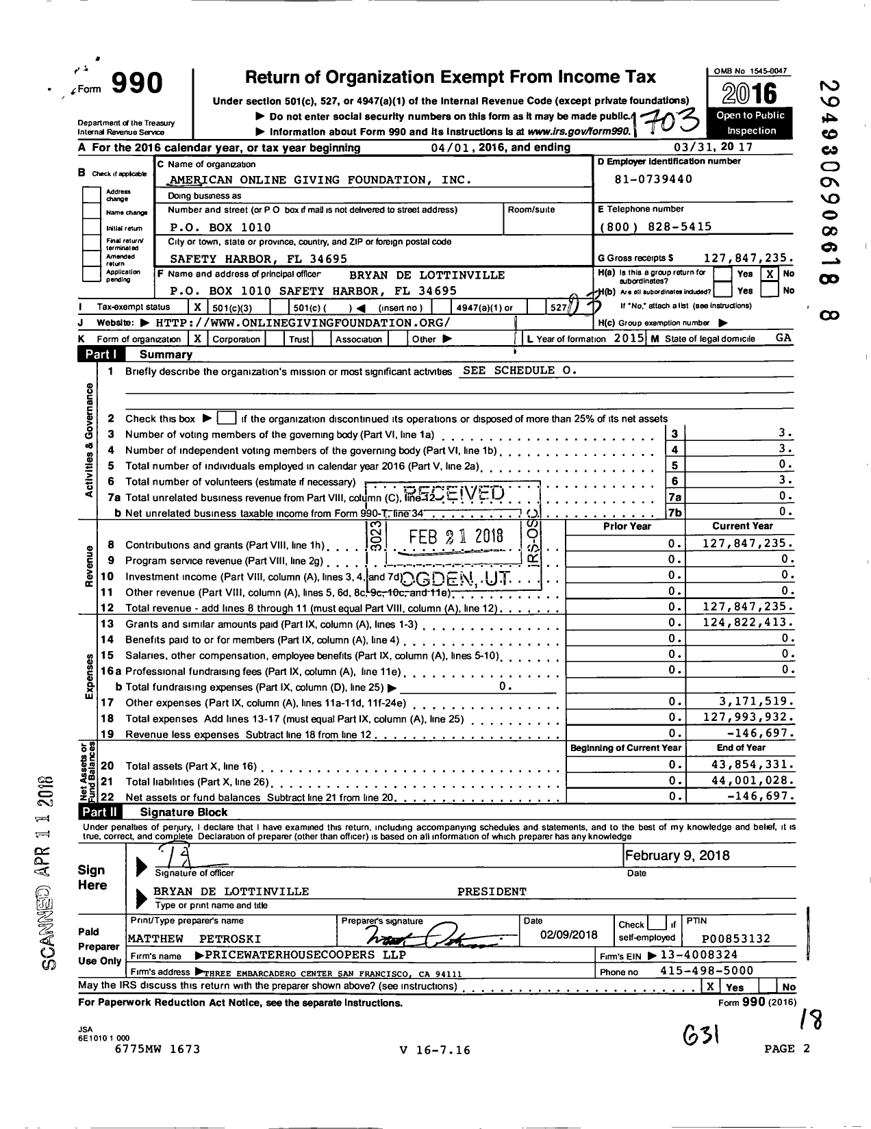 Image of first page of 2016 Form 990 for American Online Giving Foundation