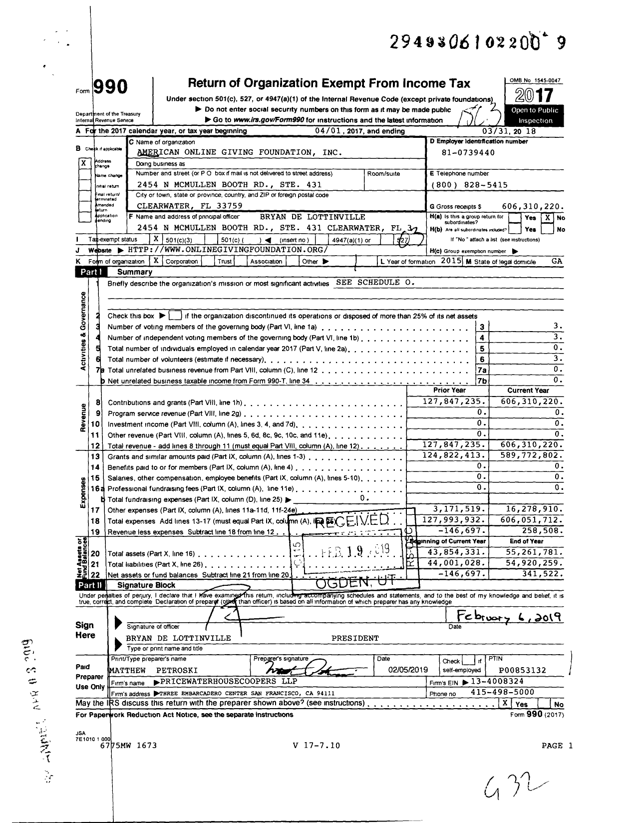 Image of first page of 2017 Form 990 for American Online Giving Foundation