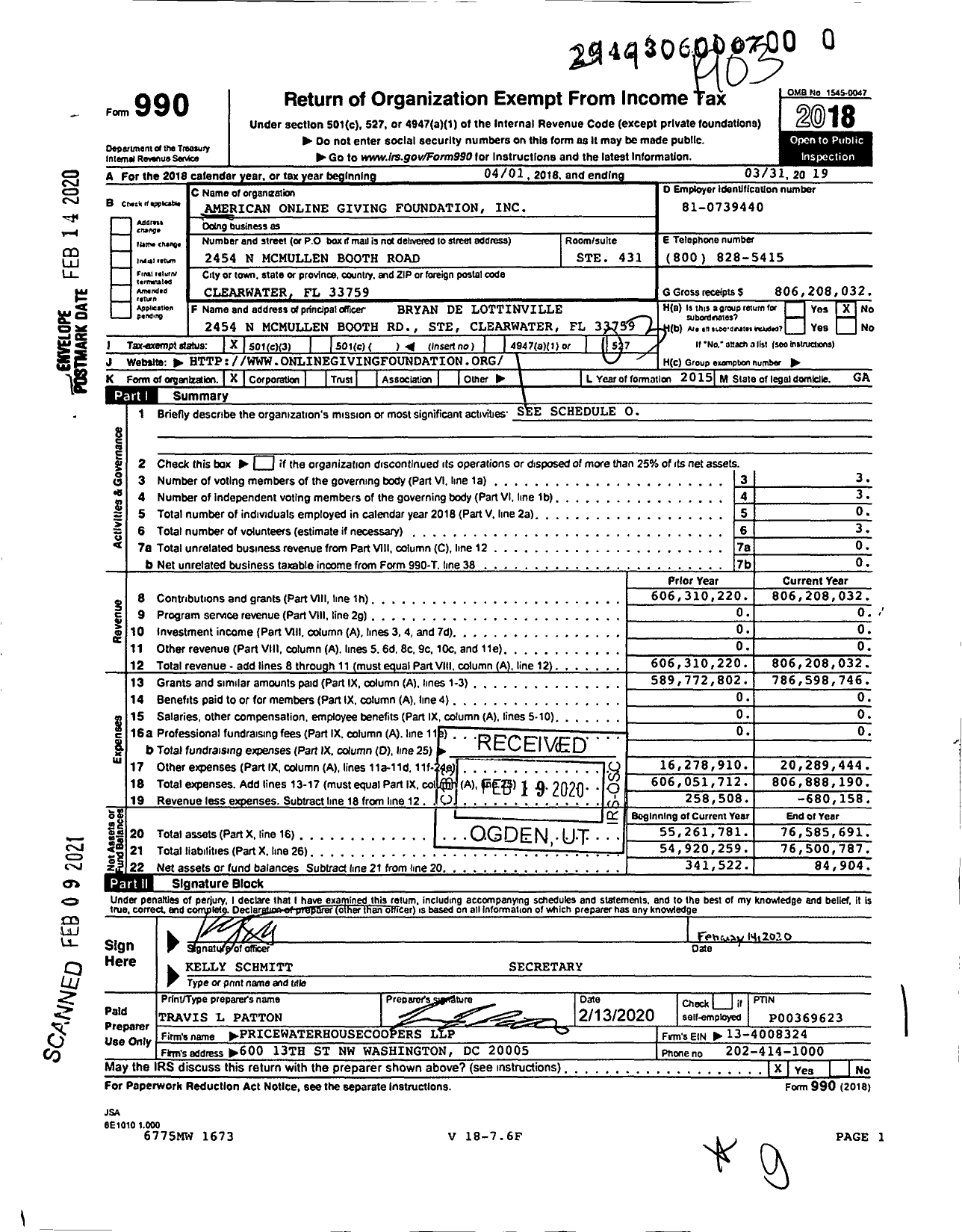 Image of first page of 2018 Form 990 for American Online Giving Foundation