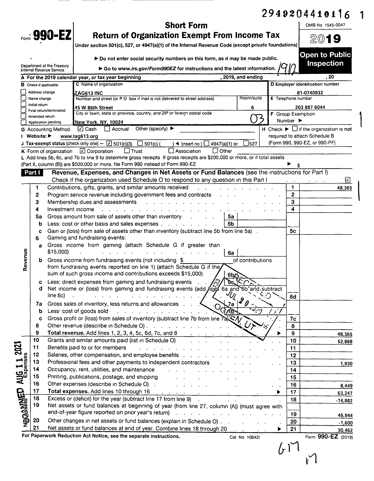 Image of first page of 2019 Form 990EZ for Tag613