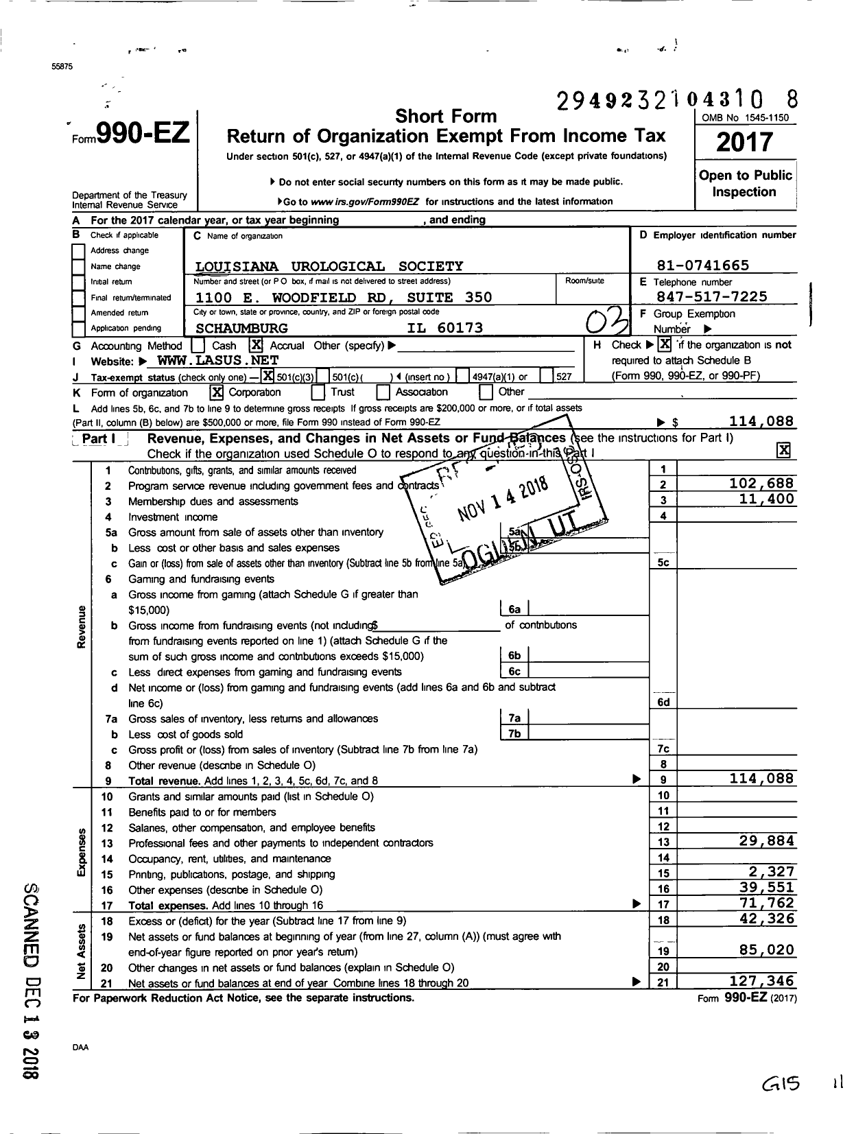 Image of first page of 2017 Form 990EZ for Louisiana Urological Society