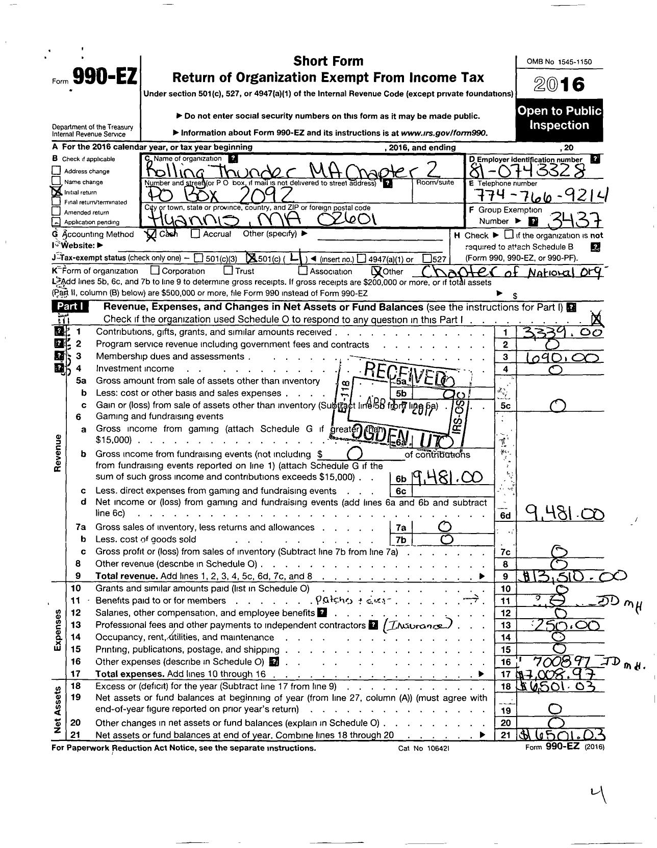 Image of first page of 2016 Form 990EO for Rolling Thunder - 2 R T Chap Ma