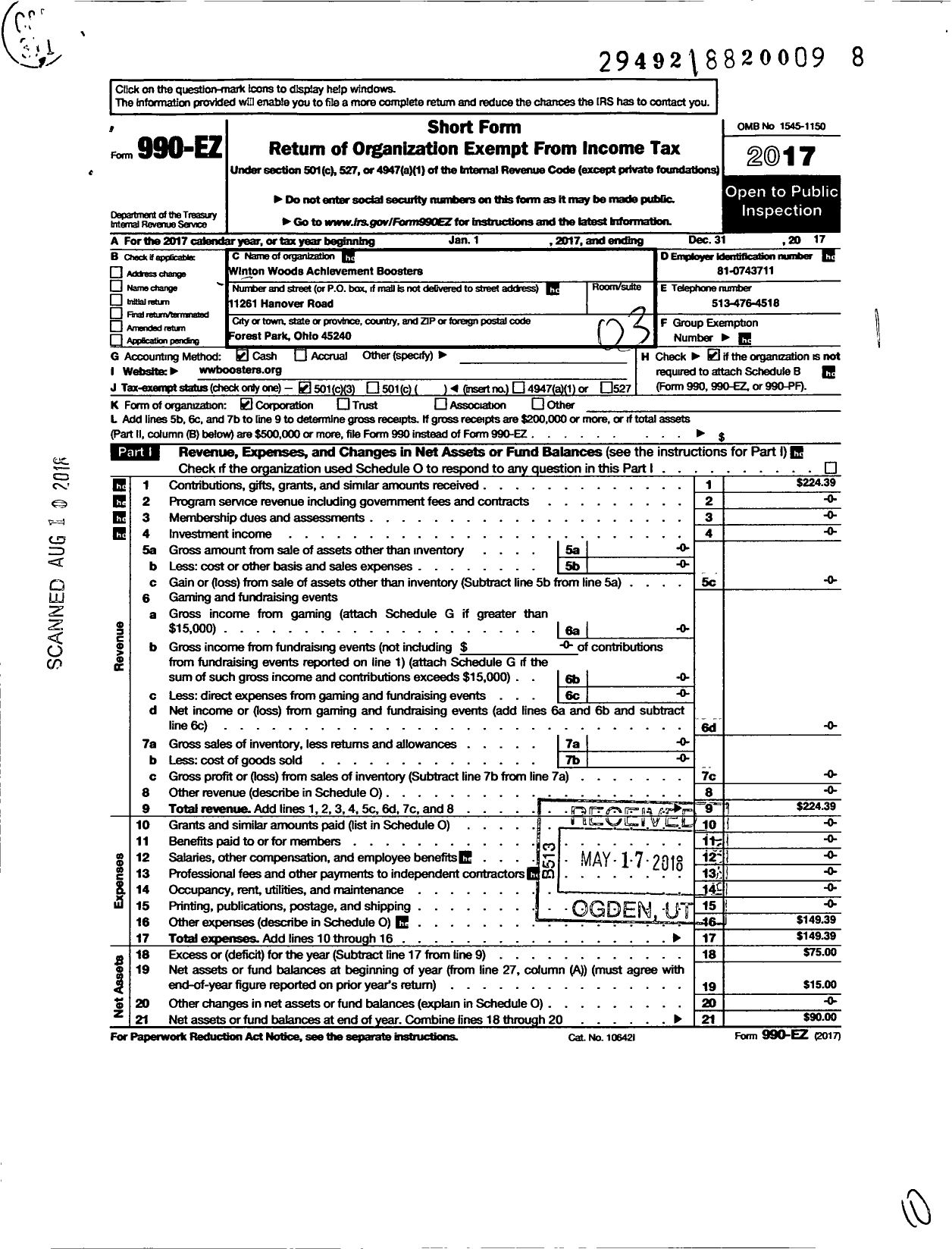 Image of first page of 2017 Form 990EZ for Winton Woods Achievement Boosters