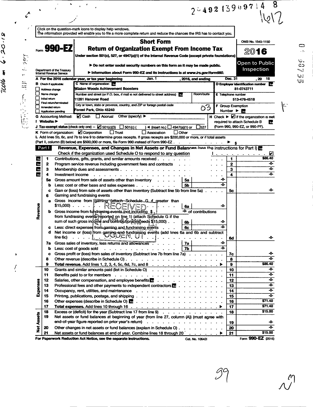 Image of first page of 2016 Form 990EZ for Winton Woods Achievement Boosters