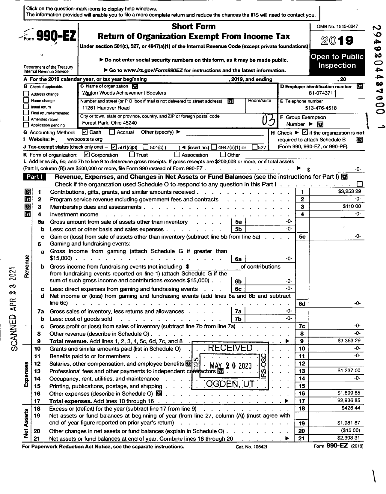 Image of first page of 2019 Form 990EZ for Winton Woods Achievement Boosters