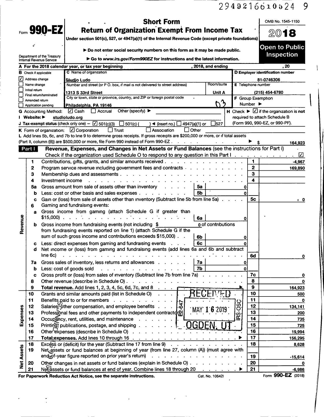 Image of first page of 2018 Form 990EZ for Studio Ludo