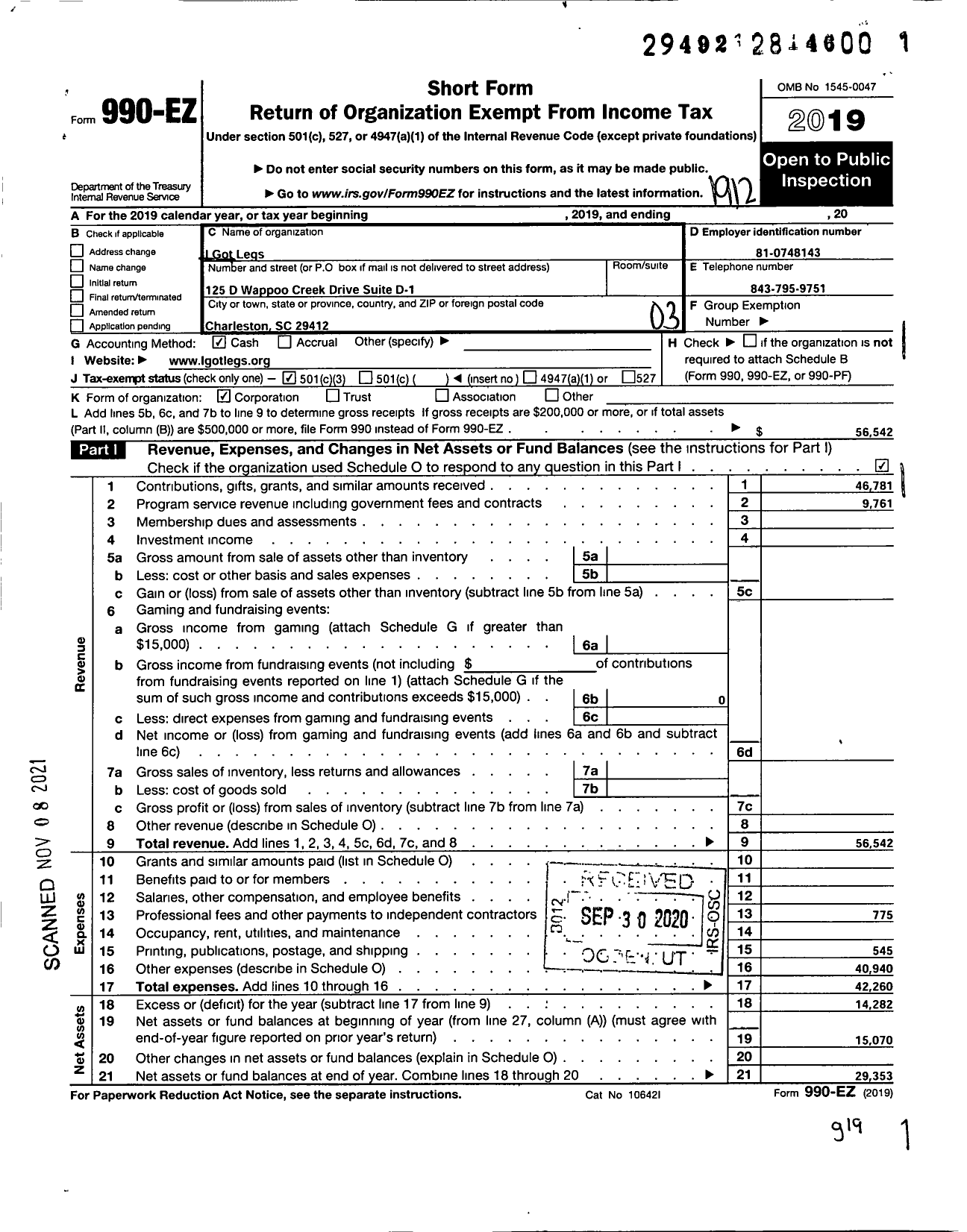 Image of first page of 2019 Form 990EZ for I Got Legs