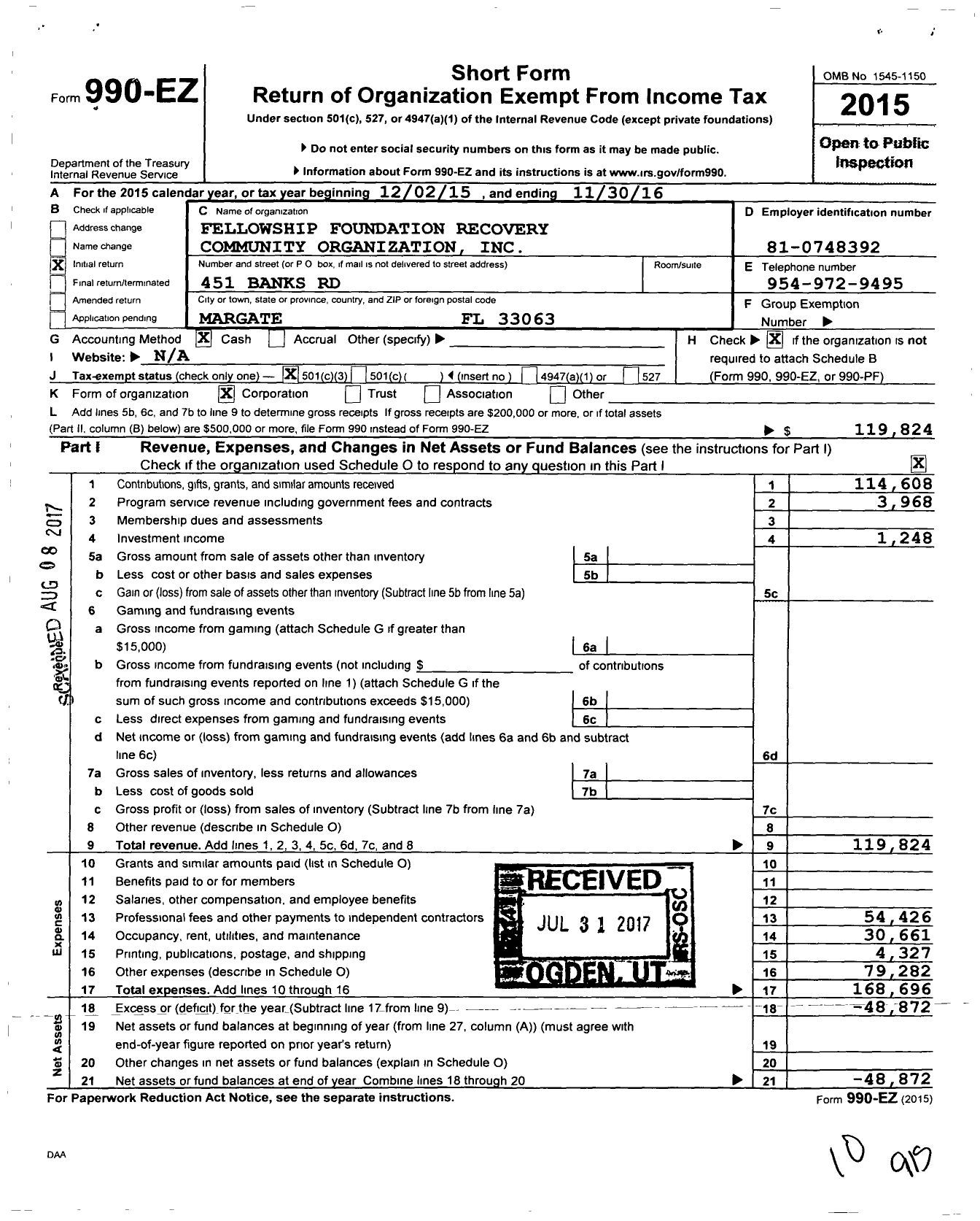 Image of first page of 2015 Form 990EZ for Fellowship Foundation Recovery Community Organization