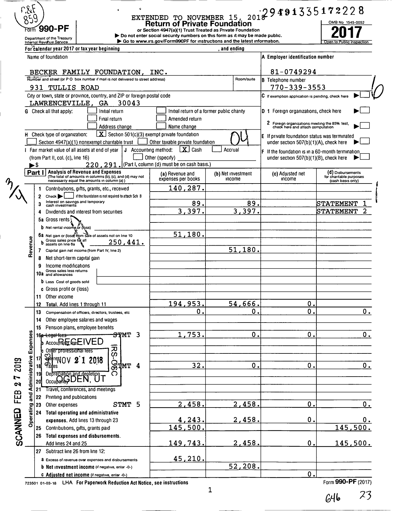 Image of first page of 2017 Form 990PF for Becker Family Foundation