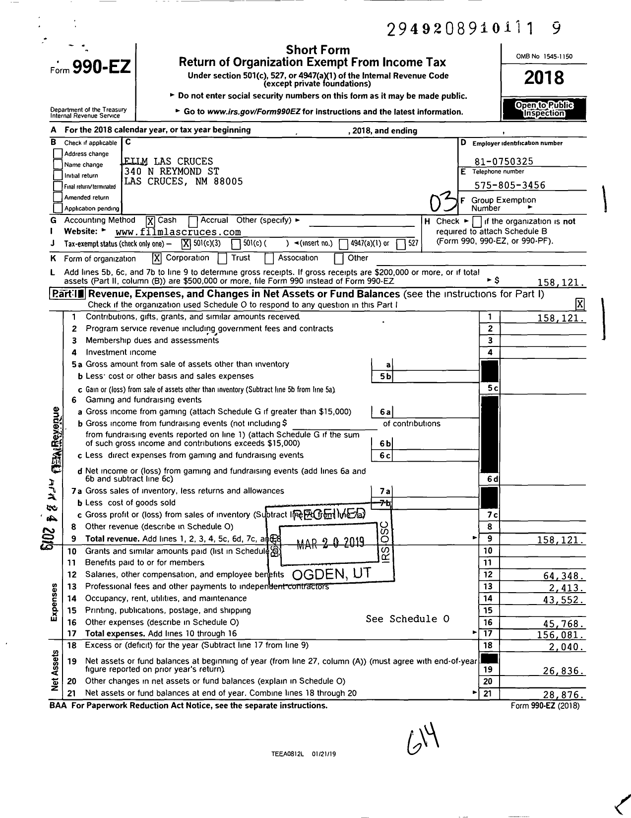 Image of first page of 2018 Form 990EZ for Film Las Cruces