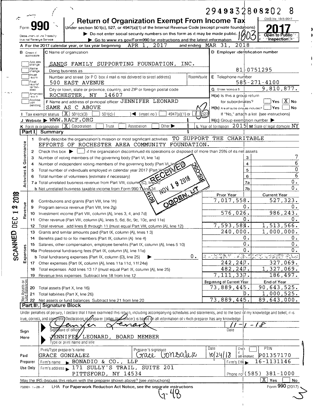 Image of first page of 2017 Form 990 for Sands Family Supporting Foundation