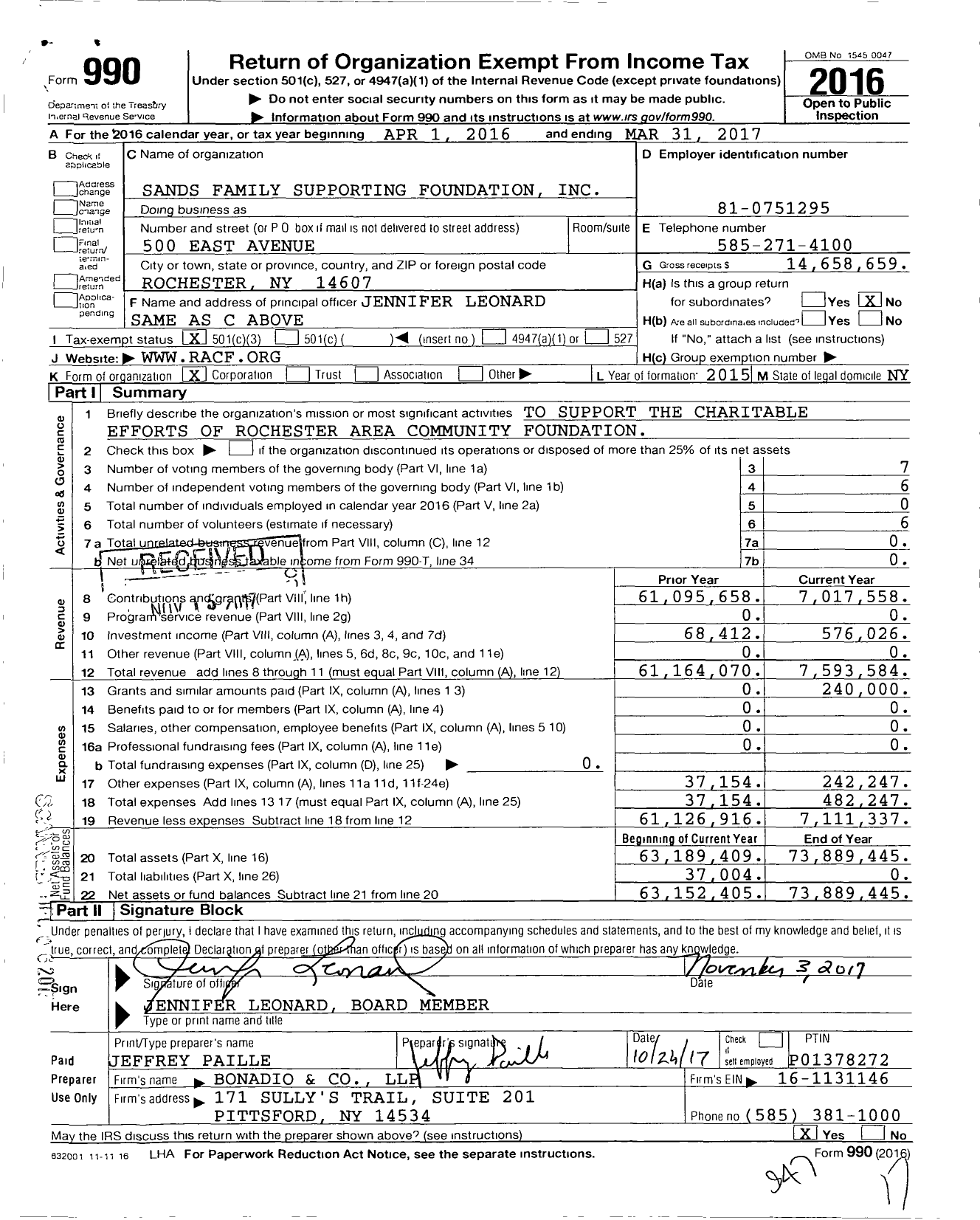 Image of first page of 2016 Form 990 for Sands Family Supporting Foundation