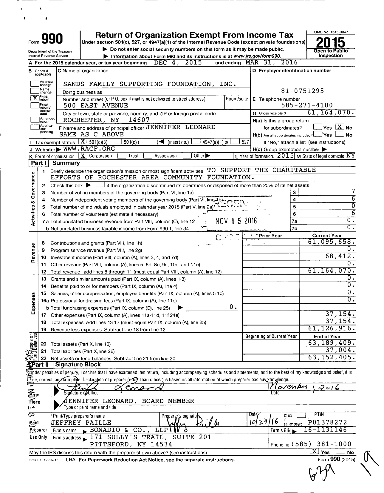 Image of first page of 2015 Form 990 for Sands Family Supporting Foundation