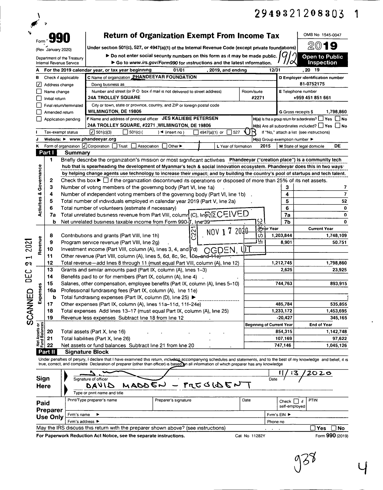 Image of first page of 2019 Form 990 for Phandeeyar Foundation