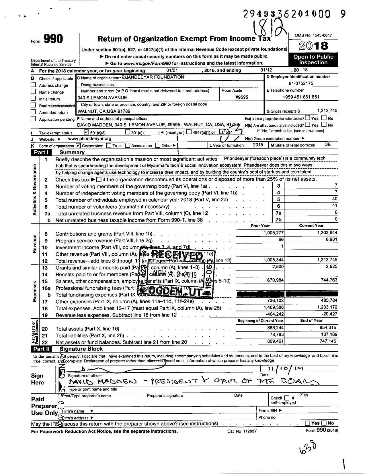 Image of first page of 2018 Form 990 for Phandeeyar Foundation