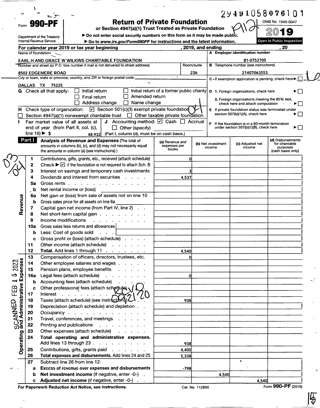 Image of first page of 2019 Form 990PF for Earl H and Grace W Wilkins Charitable Foundation