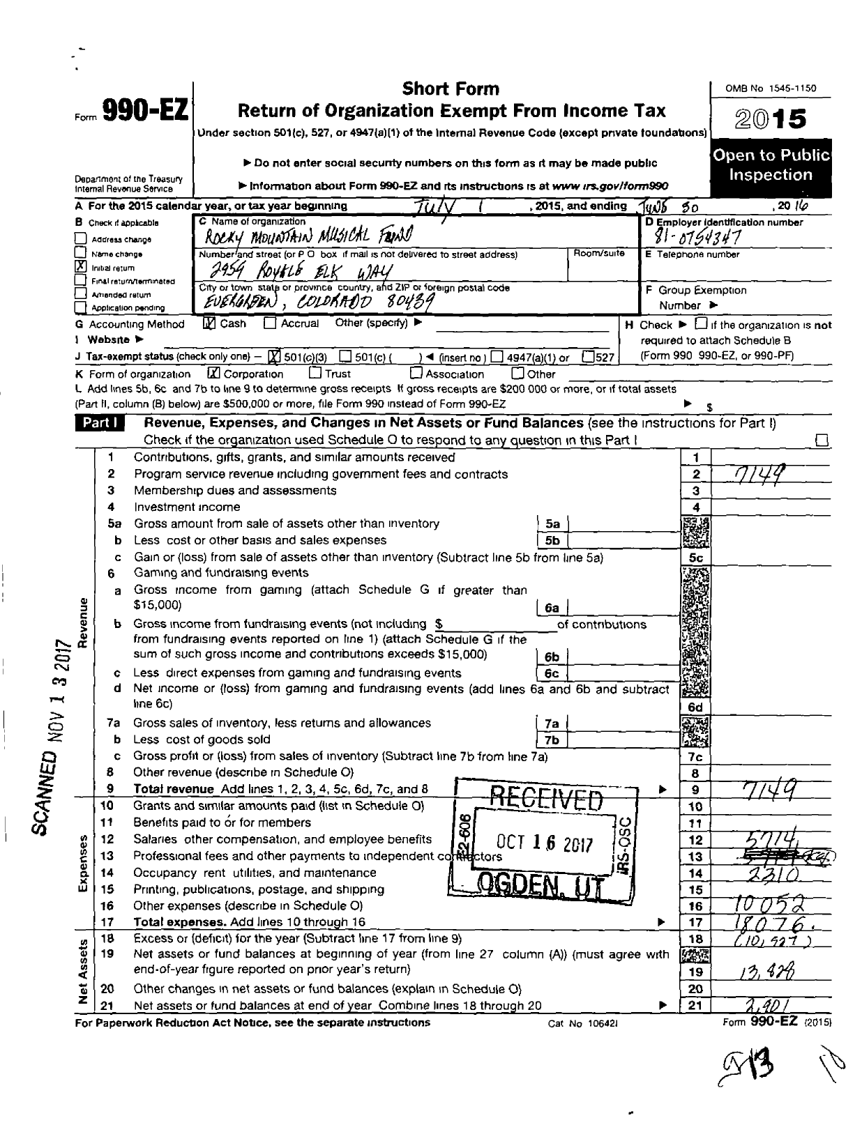 Image of first page of 2015 Form 990EZ for Rocky Mountain Musical Fund