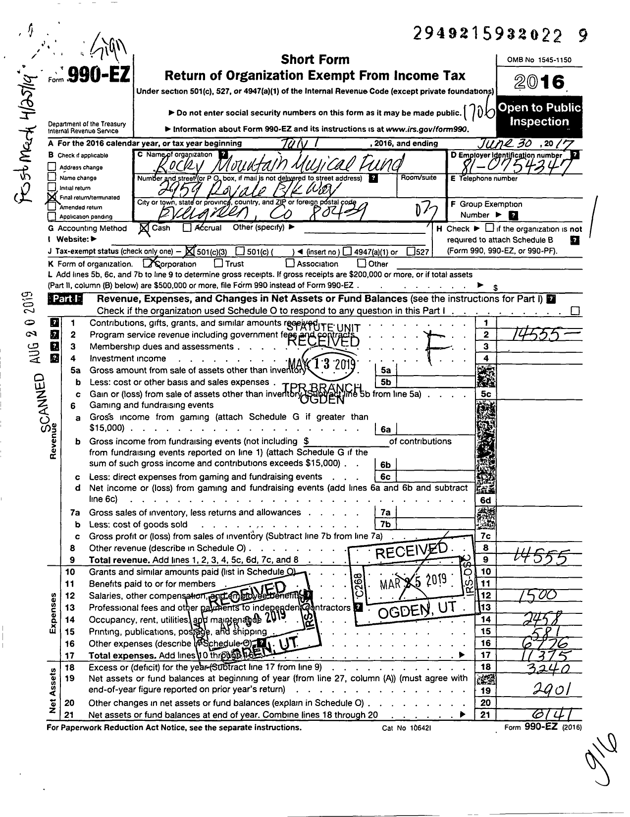 Image of first page of 2016 Form 990EZ for Rocky Mountain Musical Fund