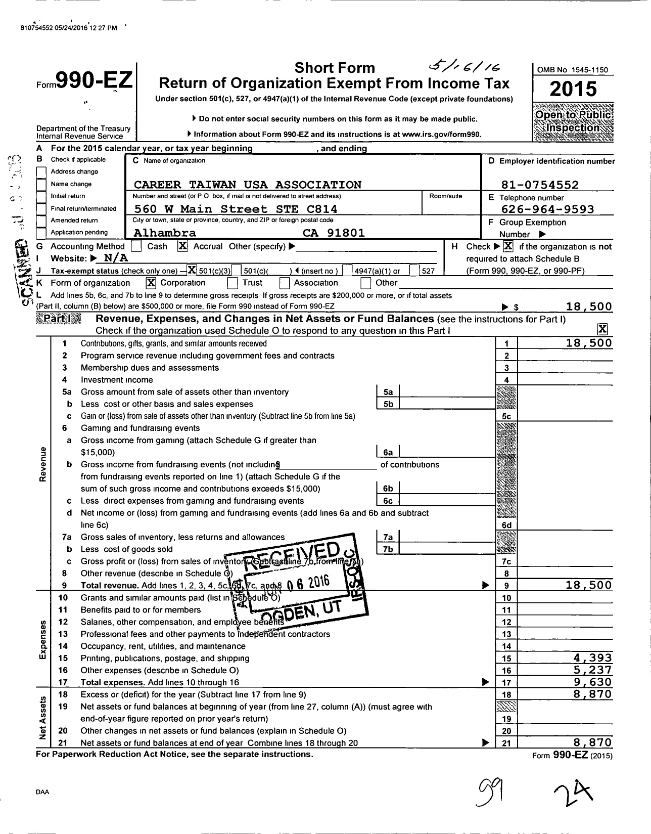 Image of first page of 2015 Form 990EZ for Career Taiwan USA Association