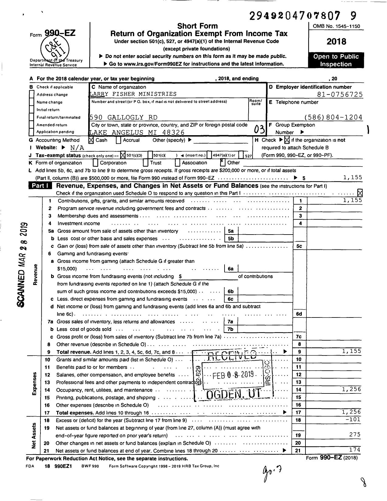 Image of first page of 2018 Form 990EZ for Larry Fisher Ministries