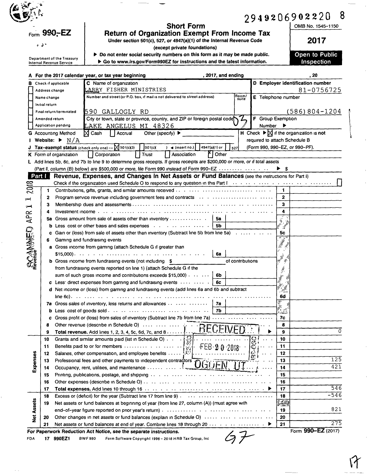 Image of first page of 2017 Form 990EZ for Larry Fisher Ministries