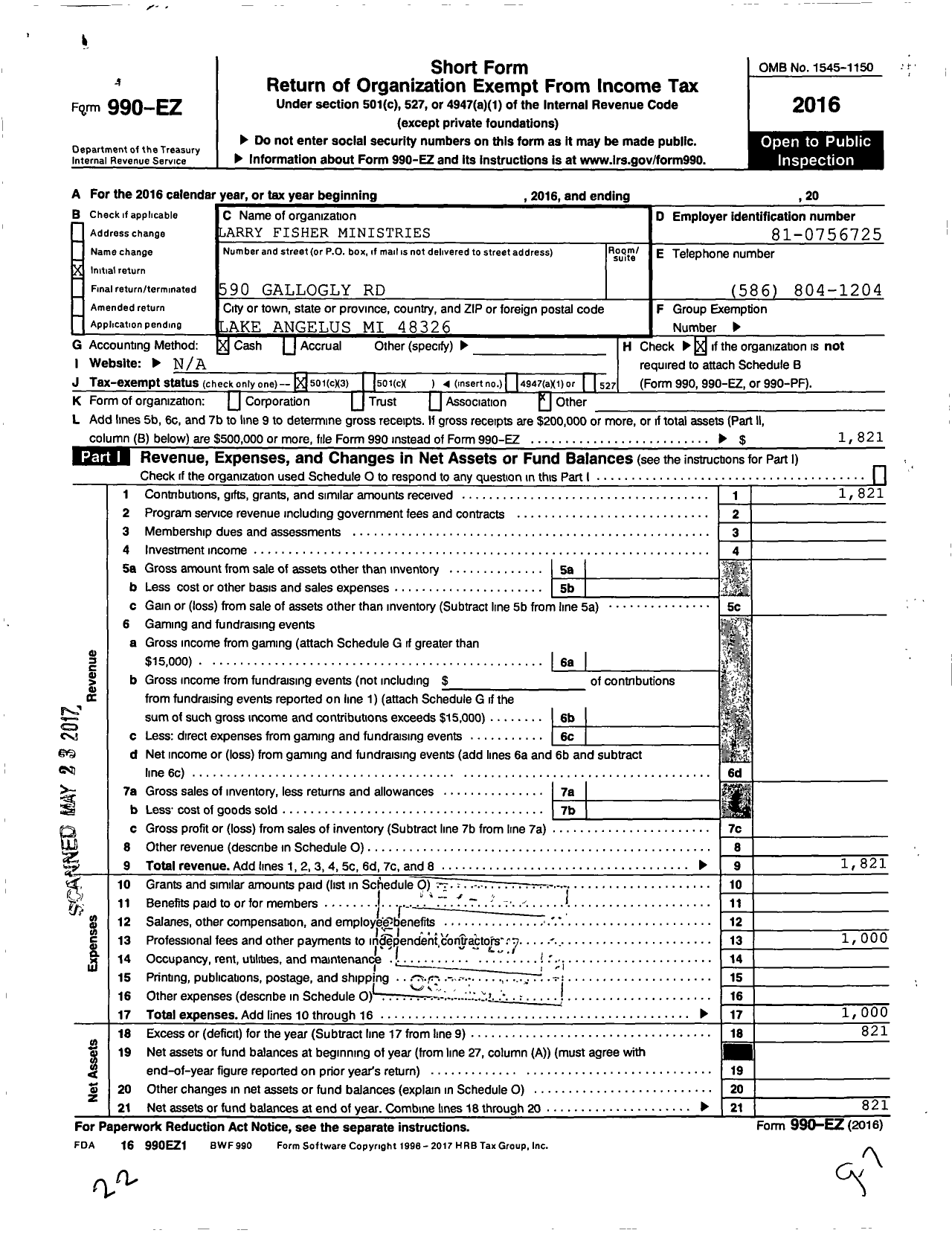 Image of first page of 2016 Form 990EZ for Larry Fisher Ministries