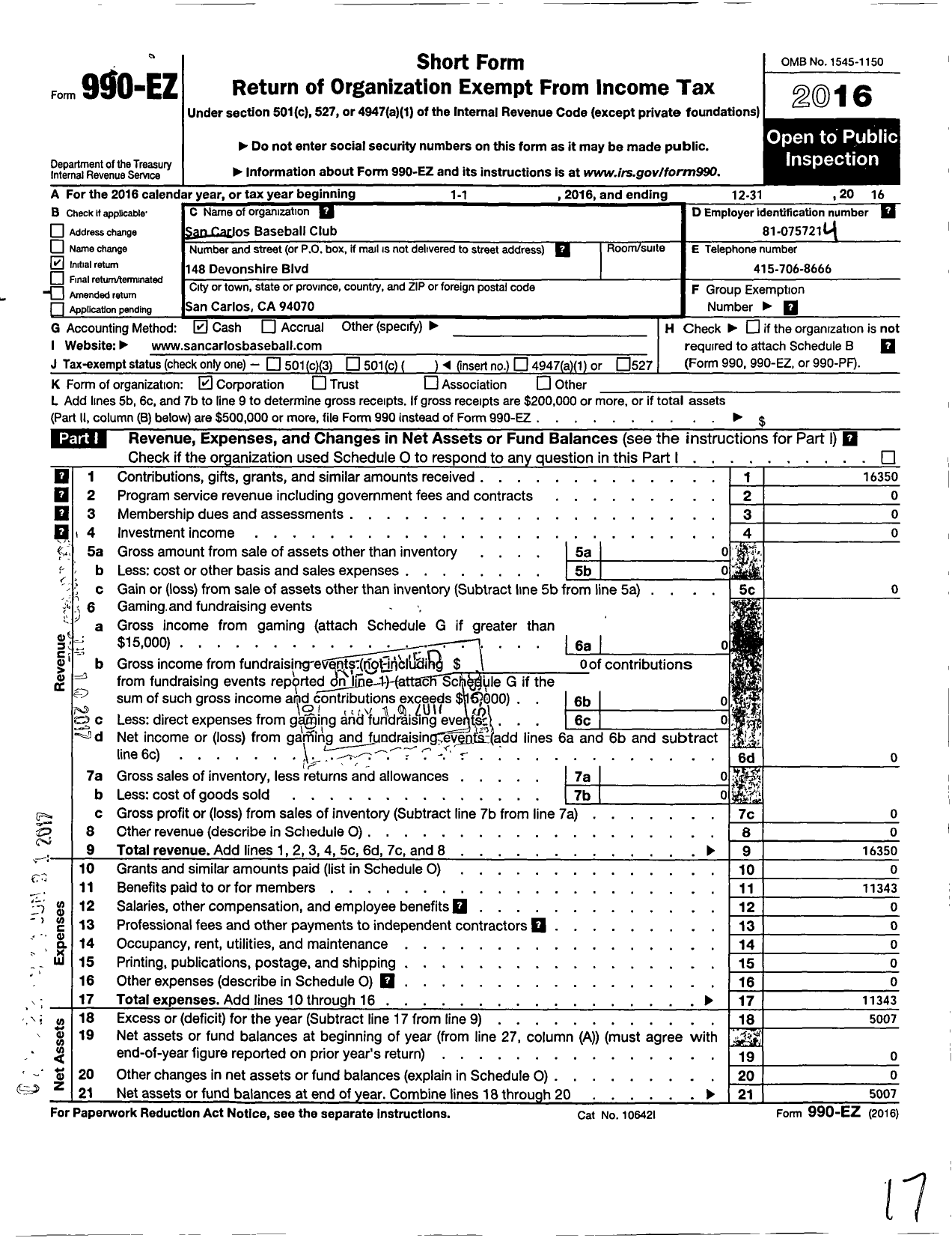 Image of first page of 2016 Form 990EO for San Carlos Baseball Club