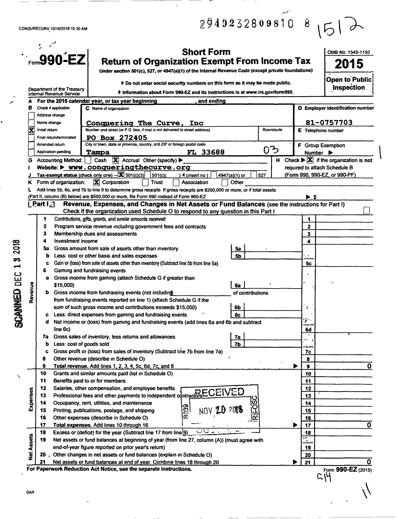 Image of first page of 2015 Form 990EZ for Conquering the Curve