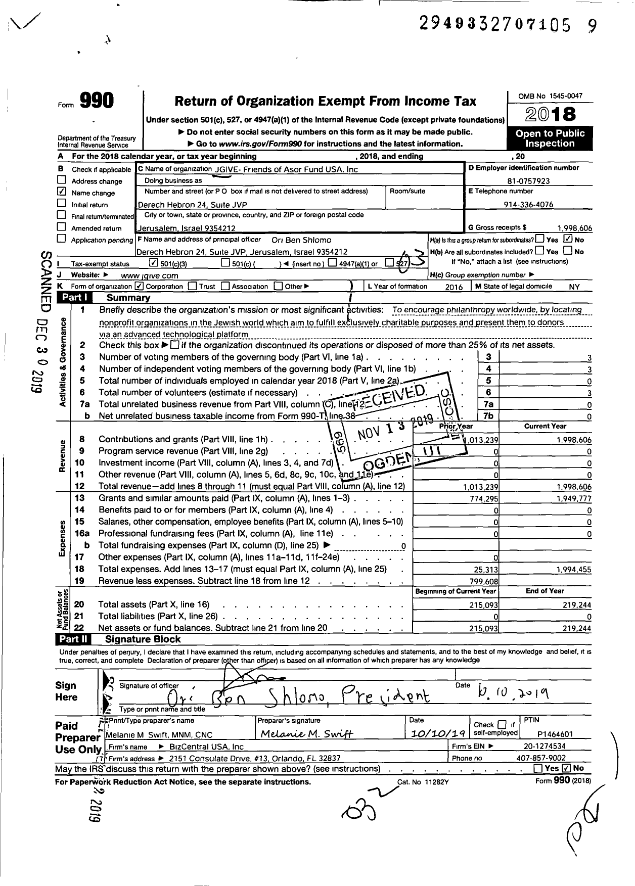 Image of first page of 2018 Form 990 for JGive - Friends of Asor Fund USA (JGive)