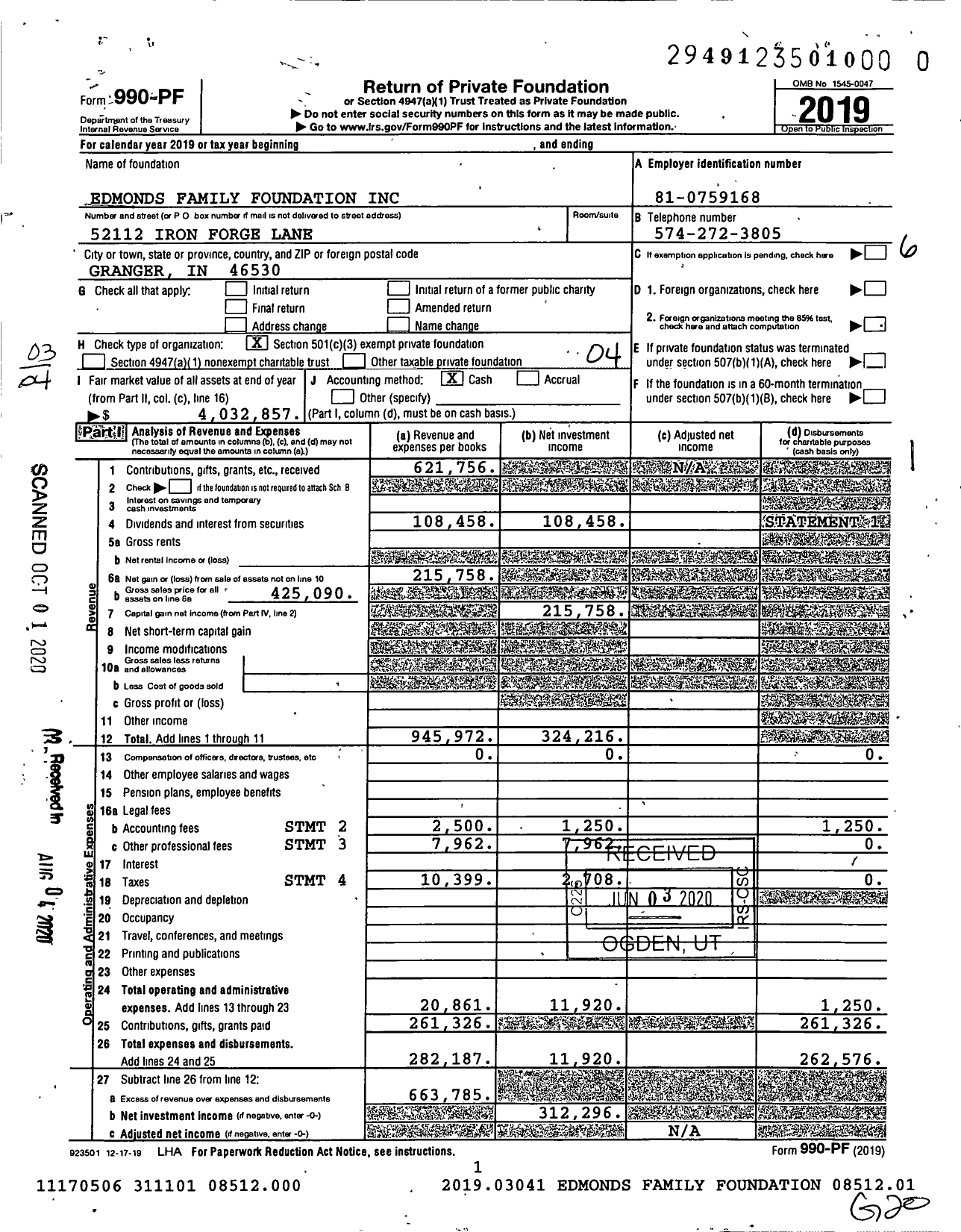 Image of first page of 2019 Form 990PR for Edmonds Family Foundation