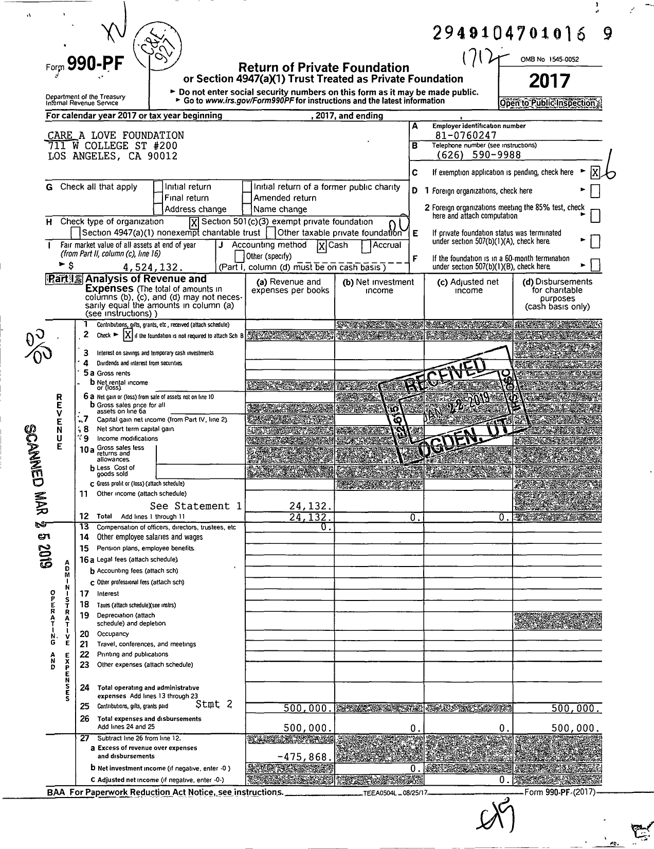 Image of first page of 2017 Form 990PF for Care A Love Foundation